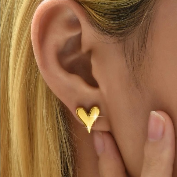 14K Gold Titanium Steel Puff Heart Shaped Stud Earrings in Gold - Picture 3 of 6